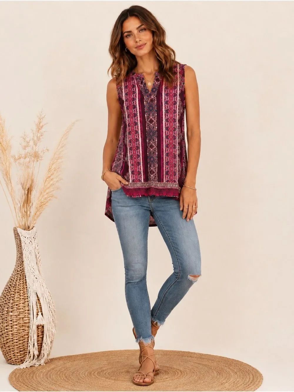 RACHEL RachelβRoy Sleeveless Boho Tunic in Burgundy and Pink